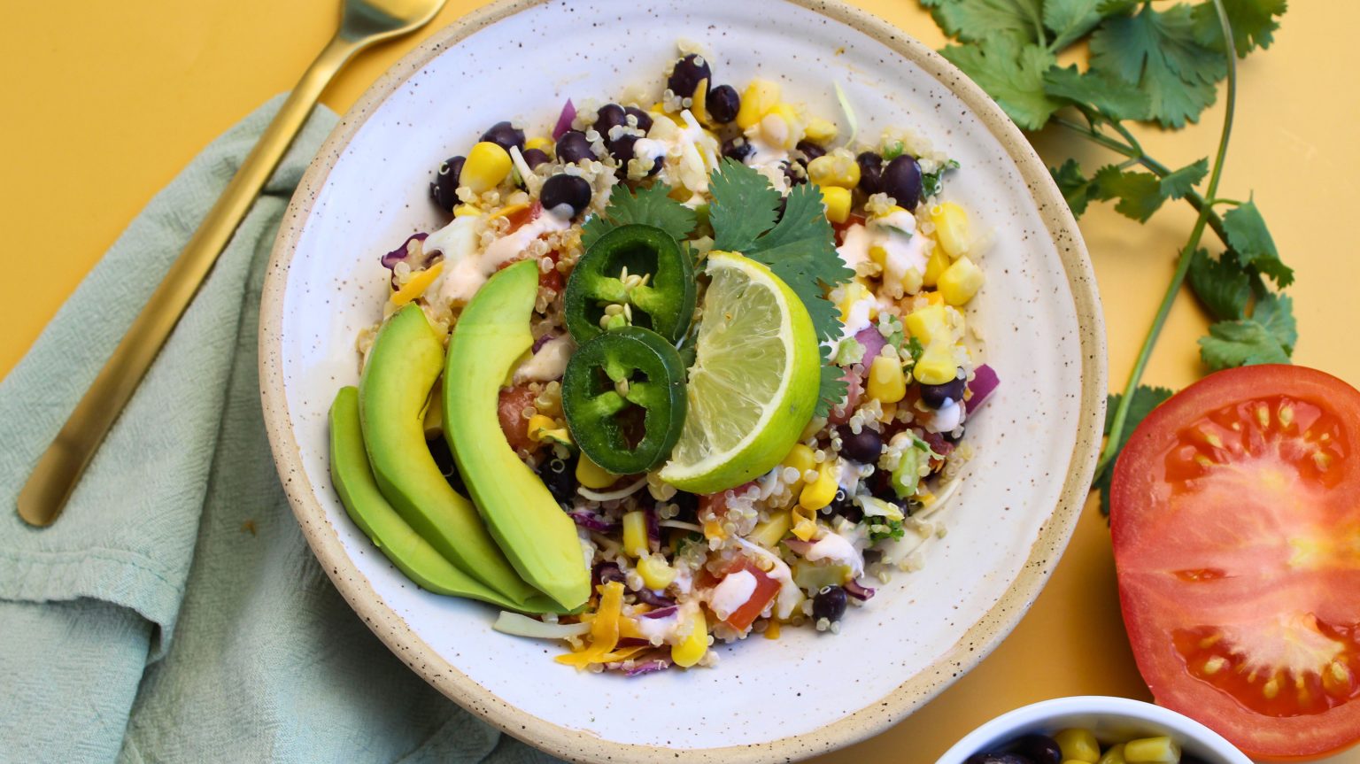 Quinoa Bean Burrito Bowl with Avocado Dressing
