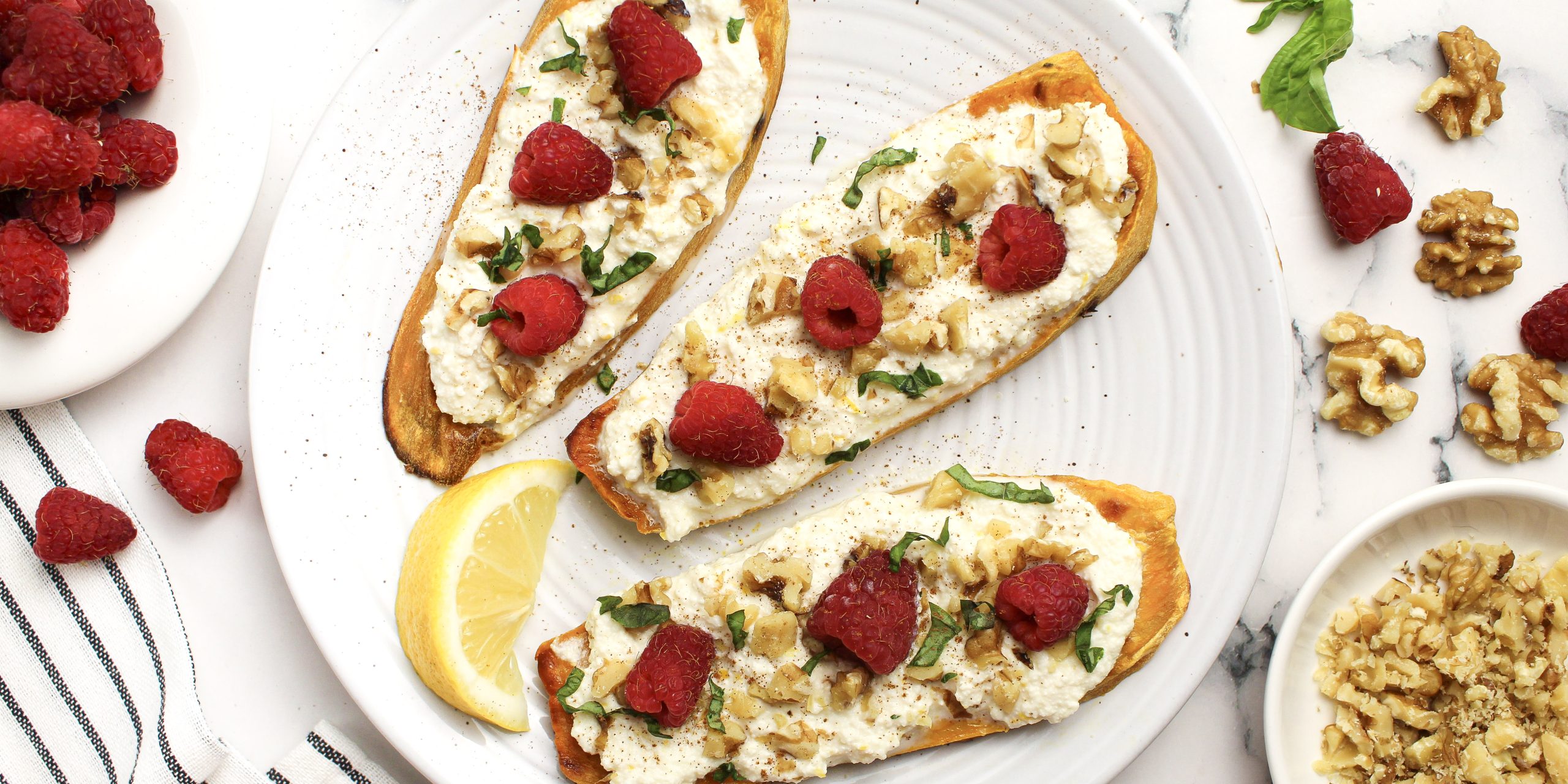 Healthy Sweet Potato Toast with Lemon Ricotta, Raspberries & Walnuts