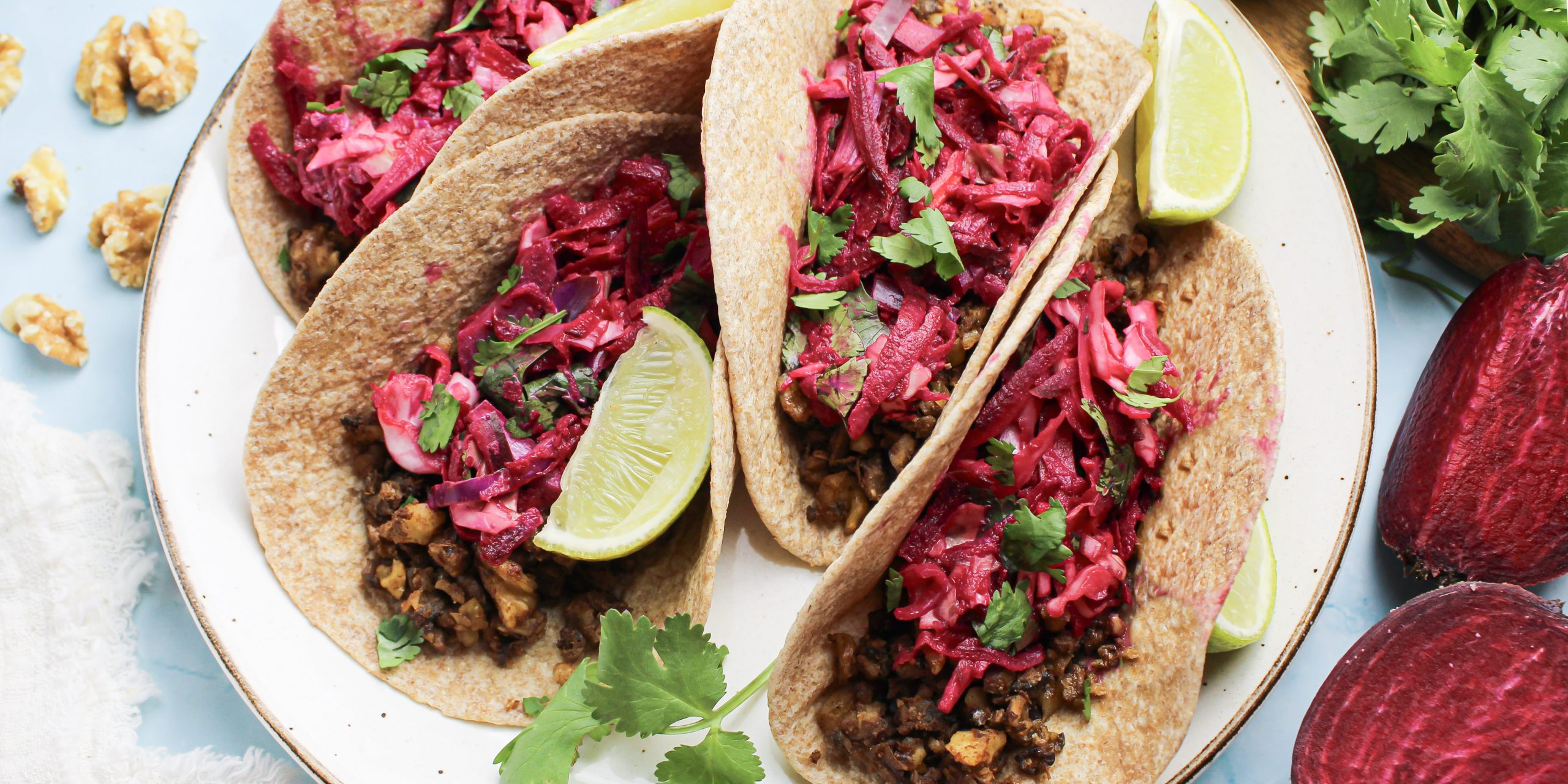 Mushroom-Walnut Tacos with Beet Slaw