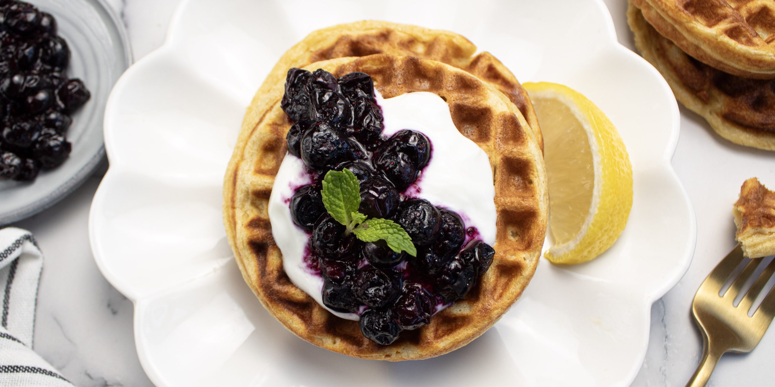 Lemon Cottage Cheese Protein Waffles with Blueberry Compote