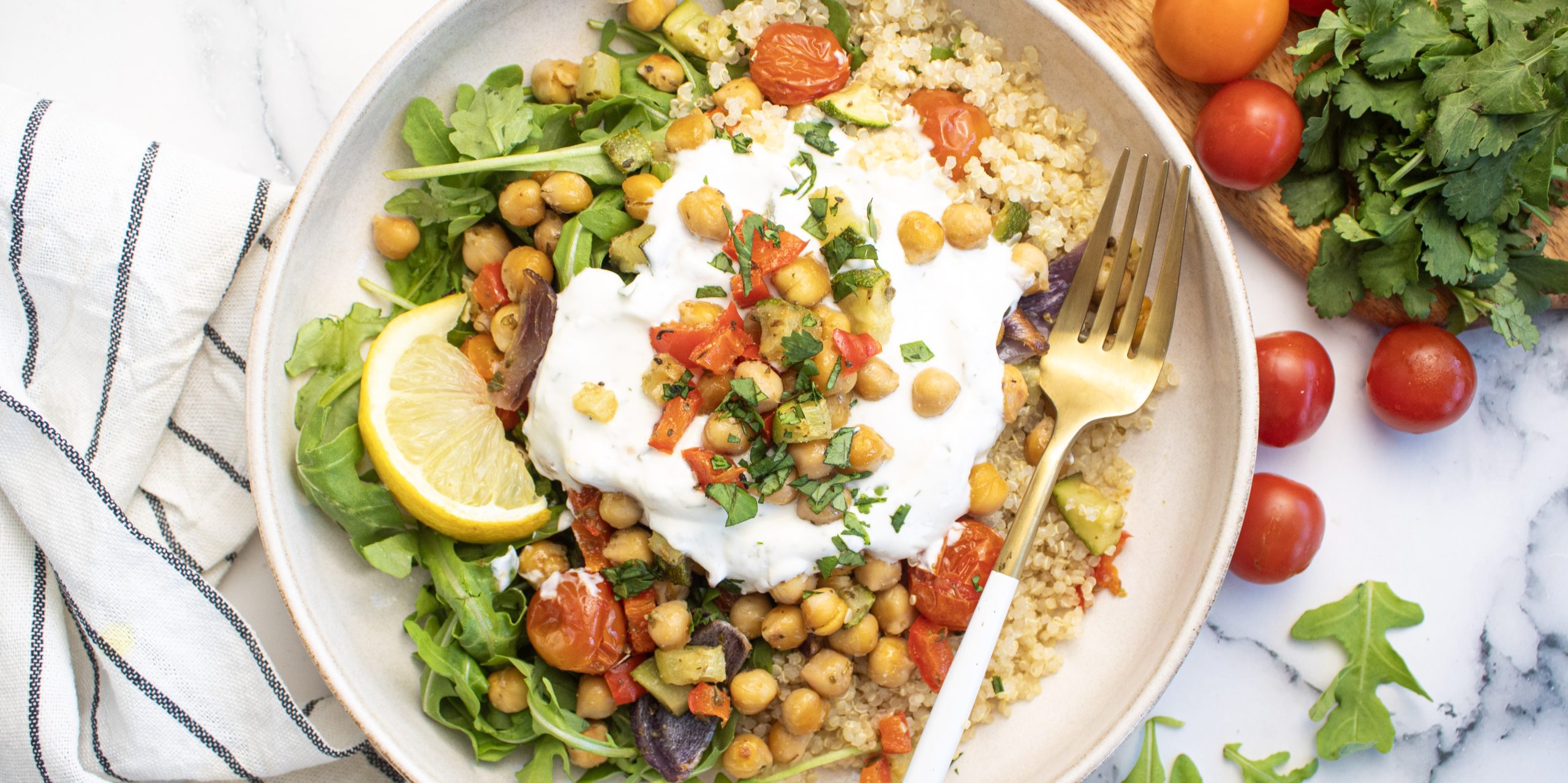 Whipped Feta & Roasted Veggie Chickpea Quinoa Bowls